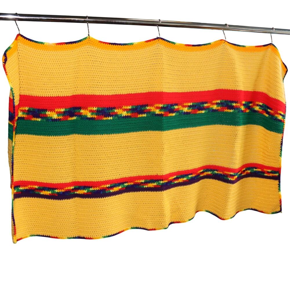 Vintage Crochet Blanket 62x36 Yellow Rainbow‎ Stripe Throw